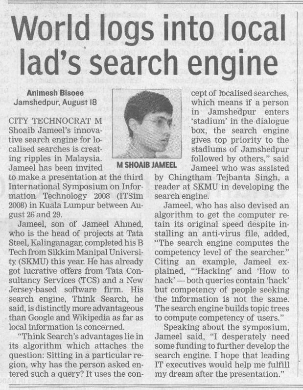 Times of India clipping, 'World logs into local lad's search engine', by Animesh Bisoee, Jamshedpur