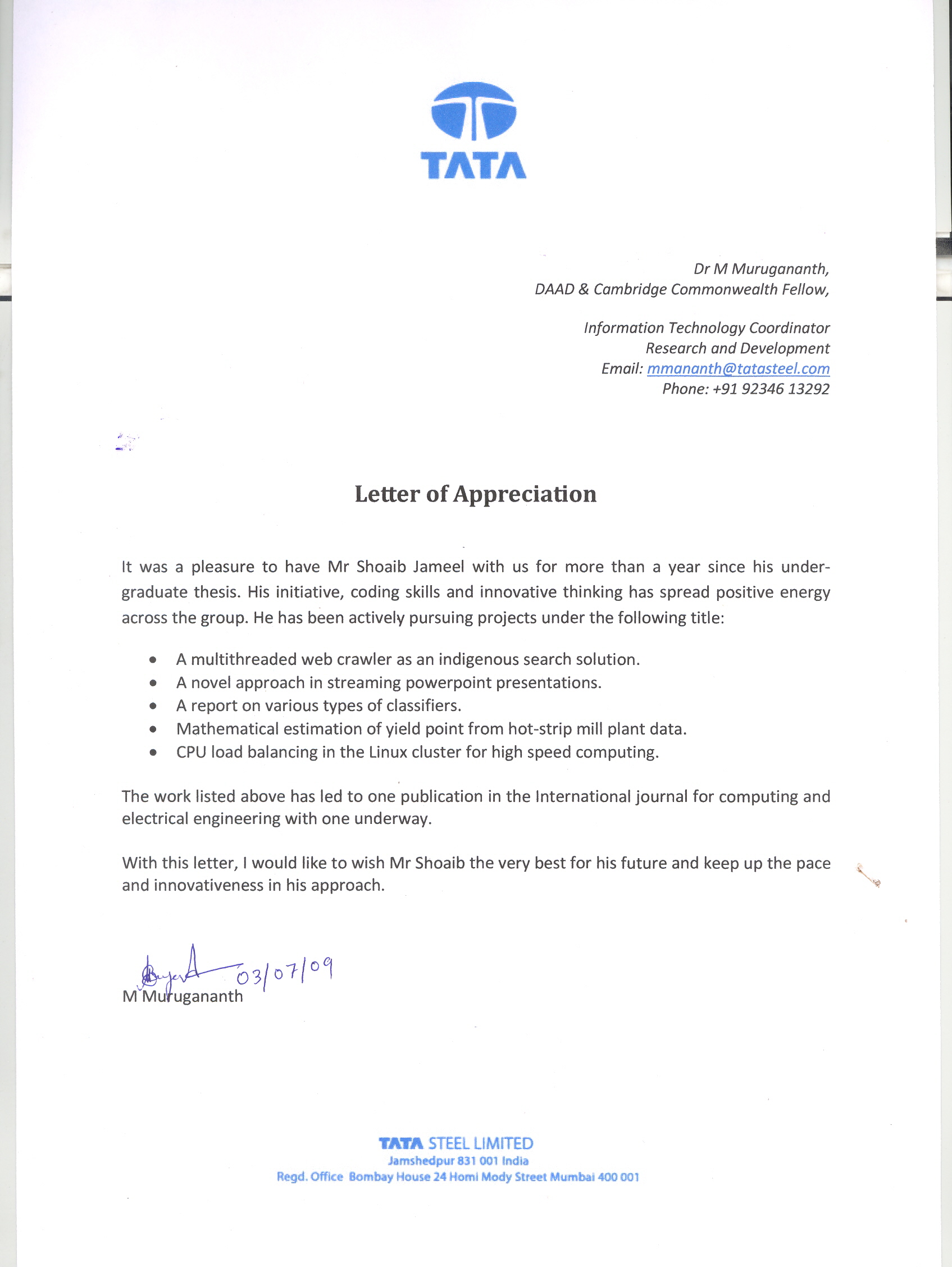 Letter of Appreciation from Tata Steel Limited, signed by M Murugananth, dated 3 July 2009